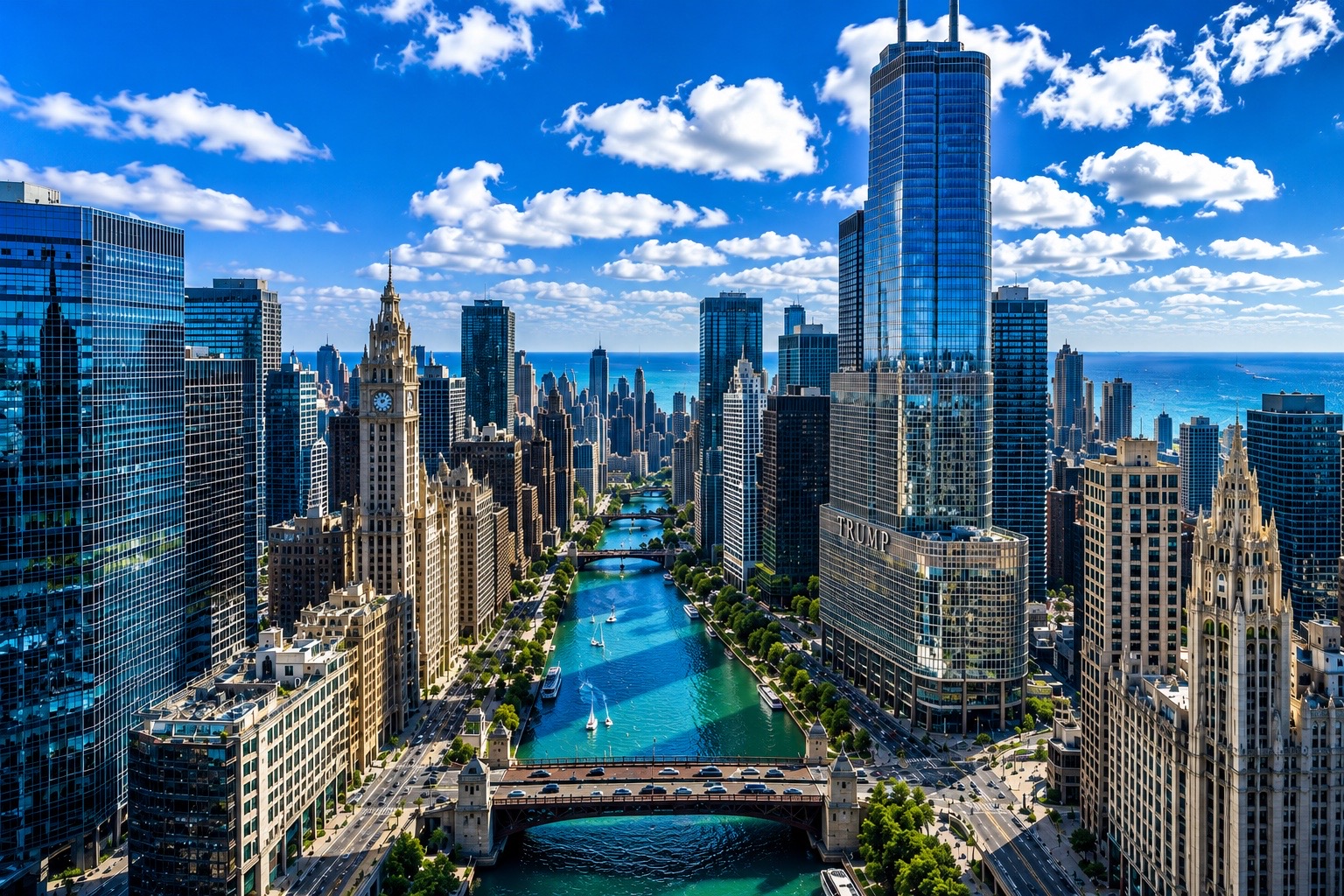 The Chicago River running between the downtown towers, bridges crossing toward Lake Michigan