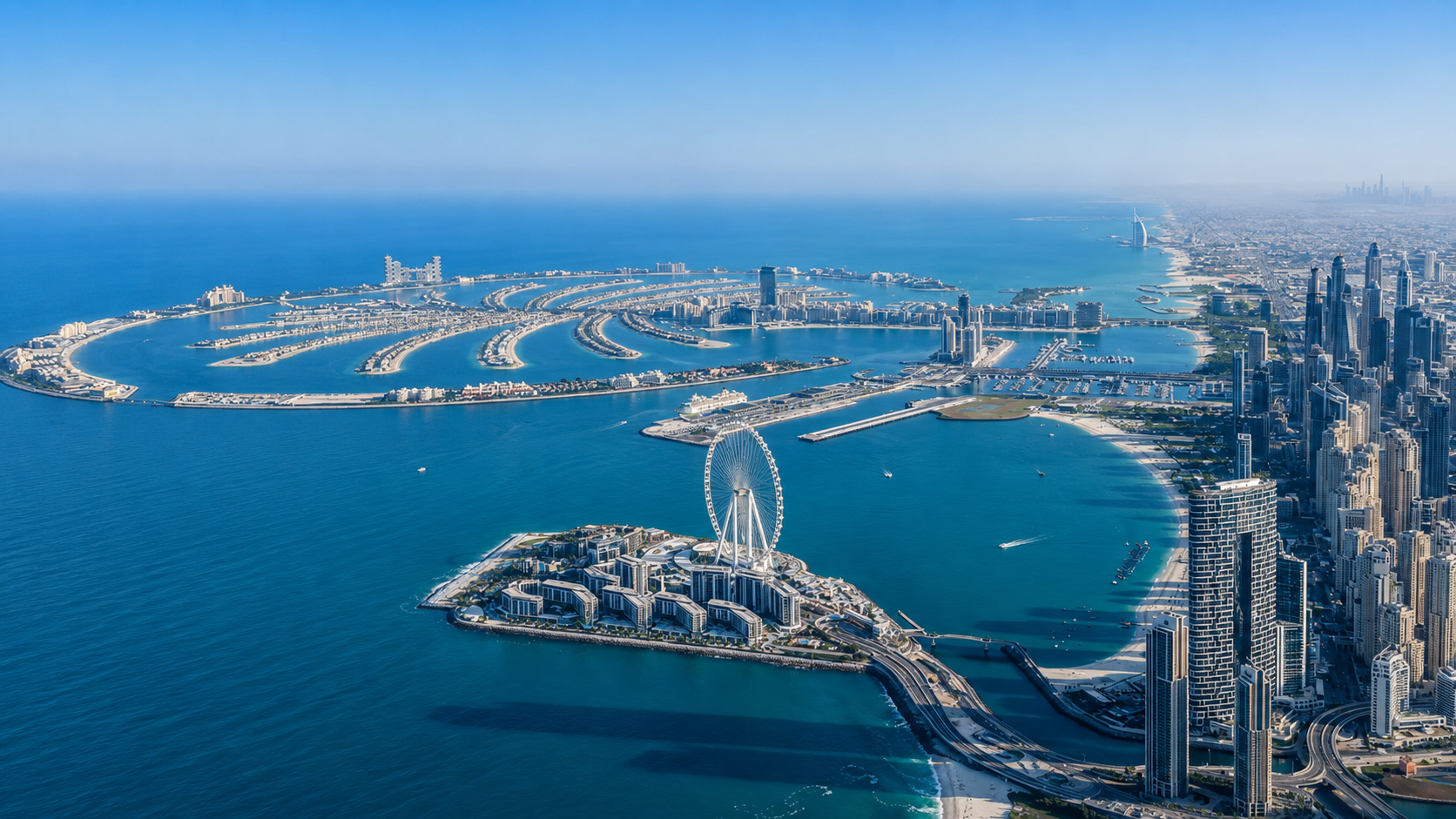 Aerial view of the Dubai coastline — Palm Jumeirah, Bluewaters, and the Marina skyline, with the Burj Al Arab standing on the shore